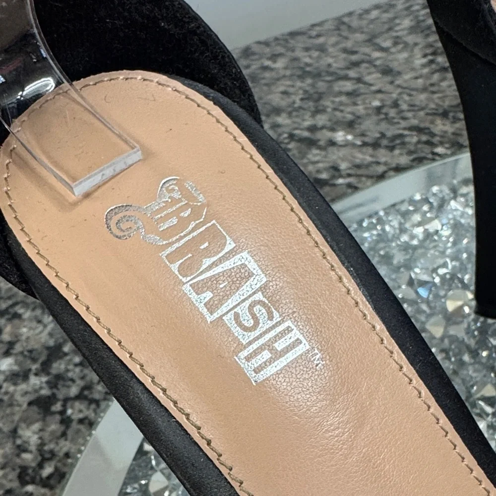 Brash Black Ankle Strap fabric ruffle Heels 8